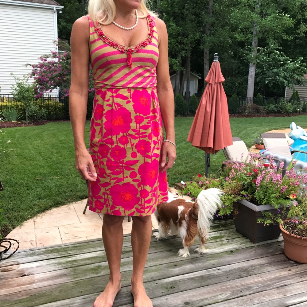 Nanette Lepore Fuchsia and Gold linen Floral Stripe Dress Sz 6